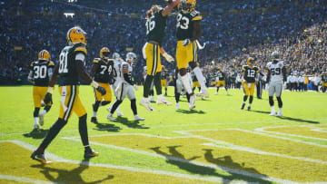 GREEN BAY, WISCONSIN - OCTOBER 20: Jake Kumerow #16 of the Green Bay Packers celebrates with Marquez Valdes-Scantling #83 after scoring a touchdown during the second quarter against the Oakland Raiders in the game at Lambeau Field on October 20, 2019 in Green Bay, Wisconsin. (Photo by Stacy Revere/Getty Images)