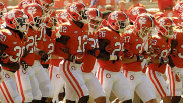 CLEMSON, SC - SEPTEMBER 2: Players for the Clemson Tigers walk to the end zone during pregame warmups before their game against the Kent State Golden Flashes on September 2, 2017 at Memorial Stadium in Clemson, South Carolina. (Photo by Todd Bennett/Getty Images)