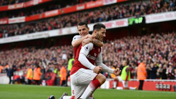 LONDON, ENGLAND - OCTOBER 28: Sead Kolasinac of Arsenal celebrates scoring his sides first goal with Granit Xhaka of Arsenal during the Premier League match between Arsenal and Swansea City at Emirates Stadium on October 28, 2017 in London, England. (Photo by Dan Mullan/Getty Images)