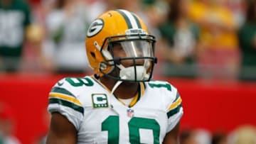Dec 21, 2014; Tampa, FL, USA; Green Bay Packers wide receiver Randall Cobb (18) works out prior to the game against the Tampa Bay Buccaneers at Raymond James Stadium. Mandatory Credit: Kim Klement-USA TODAY Sports
