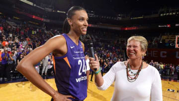 PHOENIX, AZ - AUGUST 12: DeWanna Bonner #24 of the Phoenix Mercury speaks with the media after the game against the Los Angeles Sparks on August 12, 2018 at Talking Stick Resort Arena in Phoenix, Arizona. NOTE TO USER: User expressly acknowledges and agrees that, by downloading and or using this Photograph, user is consenting to the terms and conditions of the Getty Images License Agreement. Mandatory Copyright Notice: Copyright 2018 NBAE (Photo by Barry Gossage/NBAE via Getty Images)