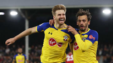 LONDON, ENGLAND - NOVEMBER 24: Stuart Armstrong of Southampton celebrates with teammate Manolo Gabbiadini after scoring his team's second goal during the Premier League match between Fulham FC and Southampton FC at Craven Cottage on November 24, 2018 in London, United Kingdom. (Photo by Christopher Lee/Getty Images)