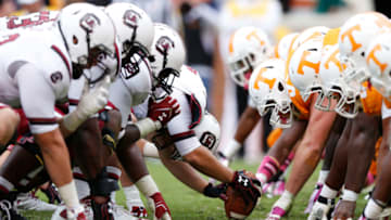 South Carolina Gamecocks face off at the line of scrimmage. (Photo by Joe Robbins/Getty Images)