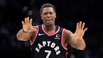PHILADELPHIA, PA - DECEMBER 08: Kyle Lowry #7 of the Toronto Raptors reacts against the Philadelphia 76ers at Wells Fargo Center on December 8, 2019 in Philadelphia, Pennsylvania. NOTE TO USER: User expressly acknowledges and agrees that, by downloading and/or using this photograph, user is consenting to the terms and conditions of the Getty Images License Agreement. (Photo by Mitchell Leff/Getty Images)