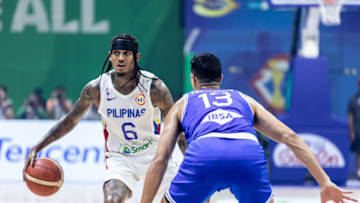 MANILA, PHILIPPINES - 2023/08/29: Jordan Clarkson (L) of the Philippines and Simone Fontecchio (R) of Italy seen in action during the third game of the group phase of the FIBA Basketball World Cup 2023 between the Philippines and Italy at Araneta Coliseum-Manila. Final score; Italy 90:83 Philippines. (Photo by Nicholas Muller/SOPA Images/LightRocket via Getty Images)