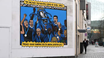 LEICESTER, ENGLAND - FEBRUARY 27: A painting of former Leicester City Manager Claudio Ranieri lifting the Premier League trophy is seen in the city centre prior to the Premier League match between Leicester City and Liverpool at The King Power Stadium on February 27, 2017 in Leicester, England. (Photo by Michael Regan/Getty Images)