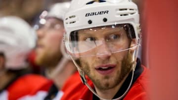 Mar 19, 2016; Saint Paul, MN, USA; Carolina Hurricanes forward Jordan Staal (11) in the third period against the Minnesota Wild at Xcel Energy Center. The Minnesota Wild beat the Carolina Hurricanes 3-2 in a shoot out. Mandatory Credit: Brad Rempel-USA TODAY Sports
