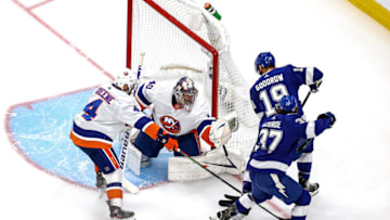 EDMONTON, ALBERTA - SEPTEMBER 15: Semyon Varlamov #40 of the New York Islanders makes the save against Barclay Goodrow #19 of the Tampa Bay Lightning during the second period in Game Five of the Eastern Conference Final during the 2020 NHL Stanley Cup Playoffs at Rogers Place on September 15, 2020 in Edmonton, Alberta, Canada. (Photo by Bruce Bennett/Getty Images)