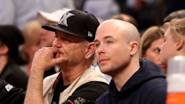 NEW YORK, NY - MARCH 10: Bill Murray sits with his son, Xavier Musketeers assistant coach Luke Murray as they watch the game between the Creighton Bluejays and the Seton Hall Pirates during the quarterfinals of the Big East Basketball Tournament on March 10, 2016 at Madison Square Garden in New York City. (Photo by Elsa/Getty Images)