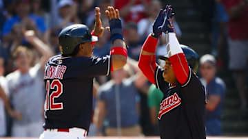 Aug 20, 2016; Cleveland, OH, USA; Cleveland Indians third baseman Jose Ramirez (11) receives congratulations from shortstop Francisco Lindor (12) after he hits a two run home run in the eighth inning against the Toronto Blue Jays at Progressive Field. Cleveland won 3-2. Mandatory Credit: Rick Osentoski-USA TODAY Sports