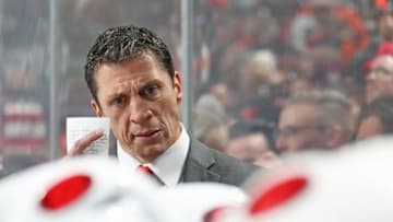 PHILADELPHIA, PA - NOVEMBER 05: Head Coach of the Carolina Hurricanes Rod Brind'Amour looks down the bench against the Philadelphia Flyers on November 5, 2019 at the Wells Fargo Center in Philadelphia, Pennsylvania. (Photo by Len Redkoles/NHLI via Getty Images)