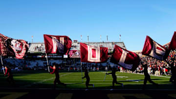 CHESTNUT HILL, MASSACHUSETTS - NOVEMBER 09: The Florida State Seminoles Cheer Squad celebrate with "NOLES" flags after a touchdown during the fourth quarter of the game against the Boston College Eagles at Alumni Stadium on November 09, 2019 in Chestnut Hill, Massachusetts. (Photo by Omar Rawlings/Getty Images)