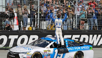 Apr 17, 2016; Bristol, TN, USA; NASCAR Sprint Cup Series driver Carl Edwards (19) celebrates after winning the Food City 500 at Bristol Motor Speedway. Mandatory Credit: Randy Sartin-USA TODAY Sports