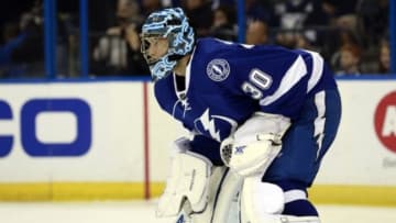 Jan 17, 2016; Tampa, FL, USA; Tampa Bay Lightning goalie Ben Bishop (30) during the first period against the Florida Panthers at Amalie Arena. Mandatory Credit: Kim Klement-USA TODAY Sports