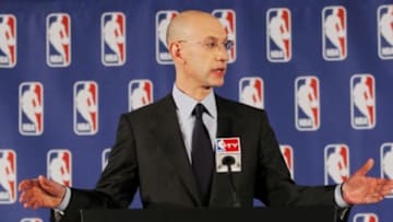 p Apr 29, 2014; New York, NY, USA; NBA commissioner Adam Silver addresses the media regarding the investigation involving Los Angeles Clippers owner Donald Sterling (not pictured) at New York Hilton Midtown. Mandatory Credit: Andy Marlin-USA TODAY Sports