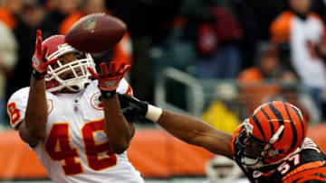 CINCINNATI - DECEMBER 27: Tim Castille #46 of the Kansas City Chiefs makes the touchdown catch against Dhani Jones #57 Cincinnati Bengals in their NFL game at Paul Brown Stadium December 27, 2009 in Cincinnati, Ohio. (Photo by John Sommers II/Getty Images)