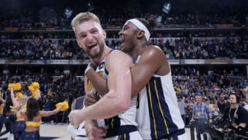 INDIANAPOLIS, IN - MARCH 14: Domantas Sabonis #11 and Myles Turner #33 of the Indiana Pacers react after defeating the Oklahoma City Thunder on March 14, 2019 at Bankers Life Fieldhouse in Indianapolis, Indiana. NOTE TO USER: User expressly acknowledges and agrees that, by downloading and or using this Photograph, user is consenting to the terms and conditions of the Getty Images License Agreement. Mandatory Copyright Notice: Copyright 2019 NBAE (Photo by Ron Hoskins/NBAE via Getty Images)