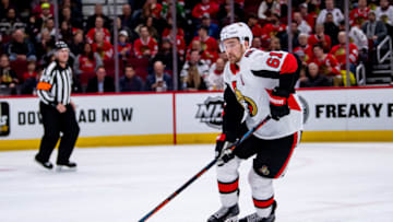 CHICAGO, IL - FEBRUARY 18: Ottawa Senators right wing Mark Stone (61) controls the puck during a game between the Ottawa Senators and the Chicago Blackhawks on February 18, 2019, at the United Center in Chicago, IL. (Photo by Patrick Gorski/Icon Sportswire via Getty Images)