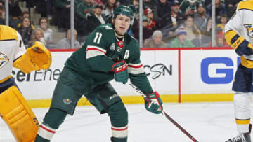 ST. PAUL, MN - MARCH 03: Zach Parise #11 of the Minnesota Wild camps out in front of the Nashville Predators net during a game at Xcel Energy Center on March 3, 2019 in St. Paul, Minnesota.(Photo by Bruce Kluckhohn/NHLI via Getty Images)