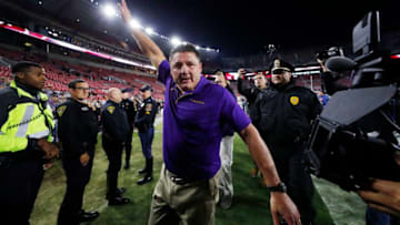 TUSCALOOSA, ALABAMA - NOVEMBER 09: Head coach Ed Orgeron of the LSU Tigers celebrates after defeating the Alabama Crimson Tide 46-41 at Bryant-Denny Stadium on November 09, 2019 in Tuscaloosa, Alabama. (Photo by Kevin C. Cox/Getty Images)