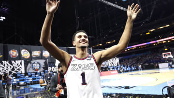 INDIANAPOLIS, INDIANA - APRIL 03: Jalen Suggs #1 of the Gonzaga Bulldogs waves as he walks off the court after defeating the UCLA Bruins 93-90 in overtime during the 2021 NCAA Final Four semifinal at Lucas Oil Stadium on April 03, 2021 in Indianapolis, Indiana. (Photo by Jamie Squire/Getty Images)