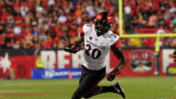 LAS VEGAS, NV - OCTOBER 07: San Diego State running back Rashaad Penny rushes for a first down against UNLV in the first half of a college football game between the UNLV Rebels and the San Diego State Aztecs on October 7, 2017 at Sam Boyd Stadium in Las Vegas, NV (Photo by Josh Holmberg/Icon Sportswire via Getty Images)