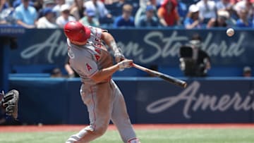 TORONTO, ON - MAY 24: Mike Trout #27 of the Los Angeles Angels of Anaheim hits a solo home run in the fifth inning during MLB game action against the Toronto Blue Jays at Rogers Centre on May 24, 2018 in Toronto, Canada. (Photo by Tom Szczerbowski/Getty Images)