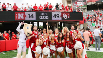 Sep 17, 2022; Lincoln, Nebraska, USA; Oklahoma Sooners cheerleaders pose for a photo after the game against the Nebraska Cornhuskers at Memorial Stadium. Mandatory Credit: Kevin Jairaj-USA TODAY Sports