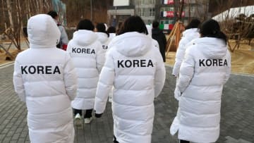 GANGNEUNG, SOUTH KOREA - FEBRUARY 8, 2018: Members of the North Korean women's national ice hockey team view the Olympic village in the coastal cluster of Gangneung on the eve of the 23rd Winter Olympic Games in Pyeongchang, South Korea. Valery Sharifulin/TASS (Photo by Valery SharifulinTASS via Getty Images)