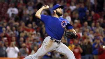 Apr 21, 2016; Cincinnati, OH, USA; Chicago Cubs starting pitcher Jake Arrieta throws the last pitch of a no-hitter during the bottom of the ninth inning against the Cincinnati Reds at Great American Ball Park. The Cubs won 16-0. Mandatory Credit: David Kohl-USA TODAY Sports