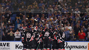 Apr 13, 2023; Buffalo, New York, USA; The Buffalo Sabres celebrate a win over the Ottawa Senators at KeyBank Center. Mandatory Credit: Timothy T. Ludwig-USA TODAY Sports
