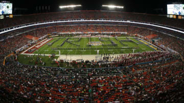 MIAMI GARDENS, FL - JANUARY 7: General view of the Notre Dame Fighting Irish marching band performs during halftime of the game against the Alabama Crimson Tide during the 2013 Discover BCS National Championship Game at Sun Life Stadium on January 7, 2013 in Miami Gardens, Florida. Alabama defeated Notre Dame 42-14. (Photo by Joel Auerbach/Getty Images)