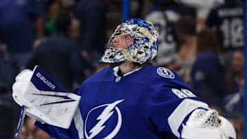 Apr 29, 2023; Tampa, Florida, USA; Tampa Bay Lightning goaltender Andrei Vasilevskiy (88) reacts after losing to the Toronto Maple Leafs in overtime during game six of the first round of the 2023 Stanley Cup Playoffs at Amalie Arena. Mandatory Credit: Nathan Ray Seebeck-USA TODAY Sports