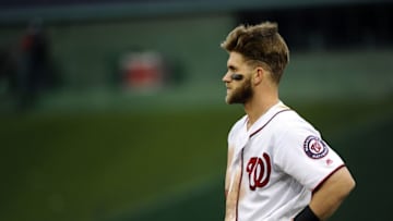 Apr 28, 2016; Washington, DC, USA; Washington Nationals right fielder Bryce Harper (34) looks on during the game against the Philadelphia Phillies at Nationals Park. Mandatory Credit: Brad Mills-USA TODAY Sports