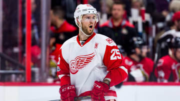 OTTAWA, ON - APRIL 04: Detroit Red Wings Defenceman Mike Green (25) call out instructions before a faceoff during third period National Hockey League action between the Detroit Red Wings and Ottawa Senators on April 4, 2017, at Canadian Tire Centre in Ottawa, ON, Canada. (Photo by Richard A. Whittaker/Icon Sportswire via Getty Images)