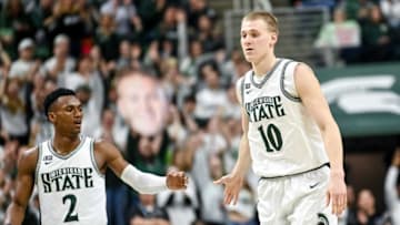Michigan State's Joey Hauser, right, celebrates his 3-pointer with Tyson Walker, left, against Iowa during the second half on Thursday, Jan. 26, 2023, at the Breslin Center in Lansing.