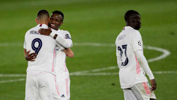MADRID, SPAIN - NOVEMBER 3: (L-R) Karim Benzema of Real Madrid, Vinicius Junior of Real Madrid, Ferland Mendy of Real Madrid celebrate the victory during the UEFA Champions League match between Real Madrid v Internazionale at the Alfredo Di Stefano Stadium on November 3, 2020 in Madrid Spain (Photo by David S. Bustamante/Soccrates/Getty Images)