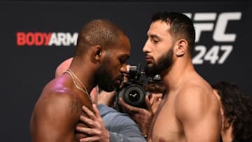 HOUSTON, TX - FEBRUARY 07: (L-R) Jon Jones and Dominick Reyes face off during the UFC 247 ceremonial weigh-in at the Toyota Center on February 7, 2020 in Houston, Texas. (Photo by Josh Hedges/Zuffa LLC via Getty Images)