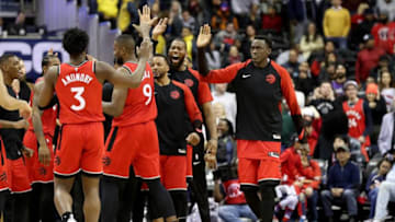 Serge Ibaka #9 of the Toronto Raptors celebrates after hitting a three pointer in double overtime against the Washington Wizards. (Photo by Rob Carr/Getty Images)