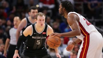 DETROIT, MI - JANUARY 18: Luke Kennard #5 of the Detroit Pistons defends during the second quarter of the game against the Miami Heat at Little Caesars Arena on January 18, 2019 in Detroit, Michigan. Detroit defeated Miami 98-93. NOTE TO USER: User expressly acknowledges and agrees that, by downloading and or using this photograph, User is consenting to the terms and conditions of the Getty Images License Agreement (Photo by Leon Halip/Getty Images)
