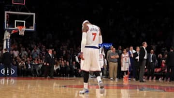 Nov 14, 2014; New York, NY, USA; New York Knicks small forward Carmelo Anthony (7) reacts after the fourth quarter against the Utah Jazz at Madison Square Garden. The Jazz defeated the Knicks 102-100. Mandatory Credit: Brad Penner-USA TODAY Sports