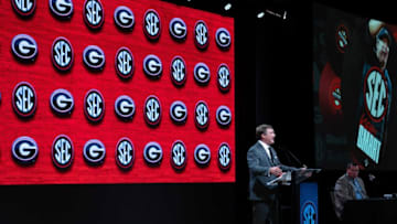 Georgia Head Coach Kirby Smart speaks at the 2023 SEC Football Kickoff Media Days at the Nashville Grand Hyatt on Broadway, Tuesday, July 18, 2023.