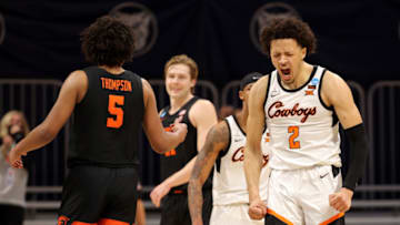 INDIANAPOLIS, INDIANA - MARCH 21: Cade Cunningham #2 of the Oklahoma State Cowboys reacts against the Oregon State Beavers during the second half in the second round game of the 2021 NCAA Men's Basketball Tournament at Hinkle Fieldhouse on March 21, 2021 in Indianapolis, Indiana. (Photo by Gregory Shamus/Getty Images)