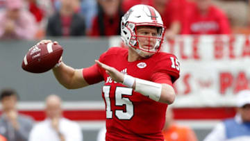 RALEIGH, NC - NOVEMBER 04: Ryan Finley #15 of the North Carolina State Wolfpack drops back to pass against the Clemson Tigers during their game at Carter Finley Stadium on November 4, 2017 in Raleigh, North Carolina. (Photo by Streeter Lecka/Getty Images)