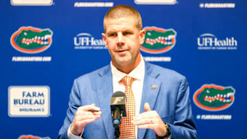 GAINESVILLE, FLORIDA - DECEMBER 05: Head Coach Billy Napier of the Florida Gators speaks during a press conference introducing him to the Media at Ben Hill Griffin Stadium on December 05, 2021 in Gainesville, Florida. (Photo by James Gilbert/Getty Images)