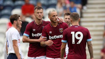 PRESTON, ENGLAND - JULY 21: Marko Arnautovic of West Ham United celebrates during the Pre-Season Friendly between Preston North End and West Ham United at Deepdale on July 21, 2018 in Preston, England. (Photo b Lynne Cameron/Getty Images)
