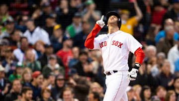 BOSTON, MA - MAY 16: J.D. Martinez #28 of the Boston Red Sox reacts after hitting a two run home run during the first inning of a game against the Oakland Athletics on May 16, 2018 at Fenway Park in Boston, Massachusetts. (Photo by Billie Weiss/Boston Red Sox/Getty Images)