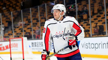 BOSTON, MA - SEPTEMBER 16: Washington Capitals forward Garrett Pilon (40) before a preseason game on September 16, 2018, between the Boston Bruins and the Washington Capitals at TD Garden in Boston, Massachusetts. The Bruins defeated the Capitals 2-1 (SO). (Photo by Fred Kfoury III/Icon Sportswire via Getty Images)