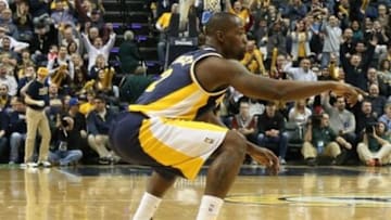 Feb 22, 2015; Indianapolis, IN, USA; Indiana Pacers guard Rodney Stuckey (2) reacts to banking in a three pointer at the end of the third quarter buzzer against the Golden State Warrriors at Bankers Life Fieldhouse. Indiana defeats Golden State 104-98. Mandatory Credit: Brian Spurlock-USA TODAY Sports