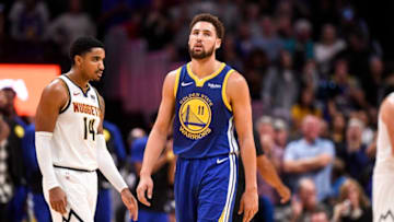 DENVER, CO - OCTOBER 21: Klay Thompson (11) of the Golden State Warriors watches a replay as the Denver Nuggets look to close out during the second half of the Nuggets' 100-98 win on Sunday, October 21, 2018. The Denver Nuggets hosted the Golden State Warriors at the Pepsi Center in Denver. (Photo by AAron Ontiveroz/The Denver Post via Getty Images)